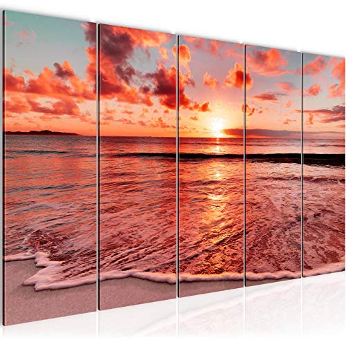 Runa Art Tableau mural XXL Le Coucher Du Soleil Plage 200 x 80 cm Rose Rouge 5 Parties - 607955b