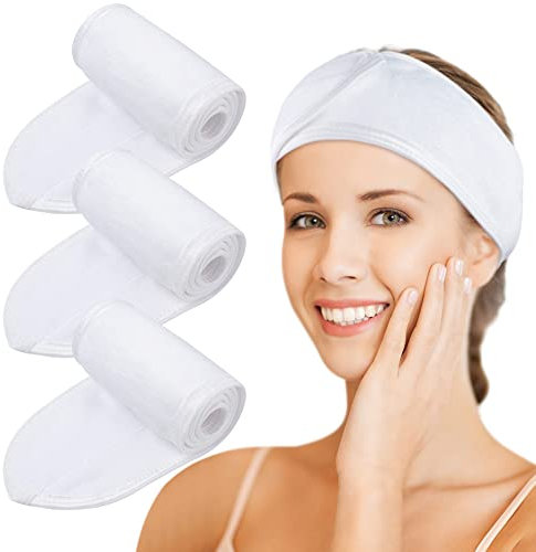 KinHwa Kosmetik Stirnband Frottee,Kosmetik Mikrofaser Haarband, Haarschutzband mit Klettverschluss für kosmetische Behandlungen, Haarschutz bei Schminken, Sport, Yoga, waschbar 3 Stück Weiß