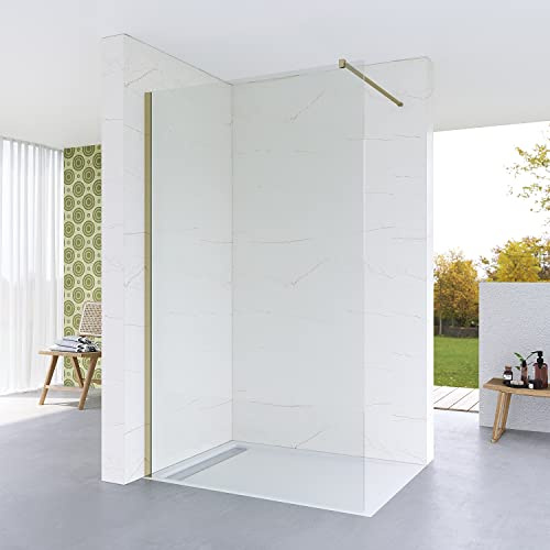 Duschkabine Gold 110x200 cm Duschwand Glas Duschabtrennung Walk-In Dusche Nano ESG Echtglas Klarglas 8 mm Duschtrennwand Trennwand Gebürstetes Gold Wandprofil Stabilisator 100 cm