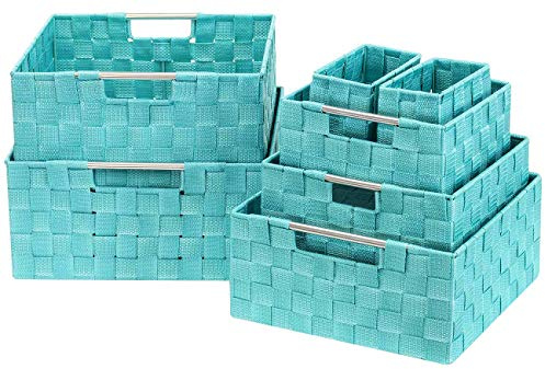 Sorbus Storage Baskets for Organizing (Set of 7), Mesh Hand-Woven Design, Linen Closet Organizers and Storage, Organizer Storage Baskets for Shelves, Variety Pack Organizers and Storage (Aqua)