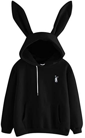 INLLADDY Kapuzenpullover Damen Mädchen Langarm Rundhals Süß Hasenohren Hoodie Einfarbig Kaninchen Druck Hoodie Tasche Sweatshirt Pullover mit Kapuzen L Schwarz