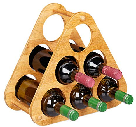 Relaxdays Weinregal 6 Flaschen, dekorative Pyramide für Wein, Bambus, dreieckiger Weinständer HBT 31x34,5x19 cm, Natur