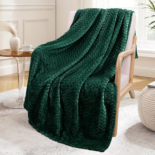 Exclusivo Mezcla Kuscheldecke Flanell-Fleecedecke mit Blättermuster,130 x 170 cm Sofadecke für Ganzjahreszeit, Flauschig und Warm, Dunkelgrün