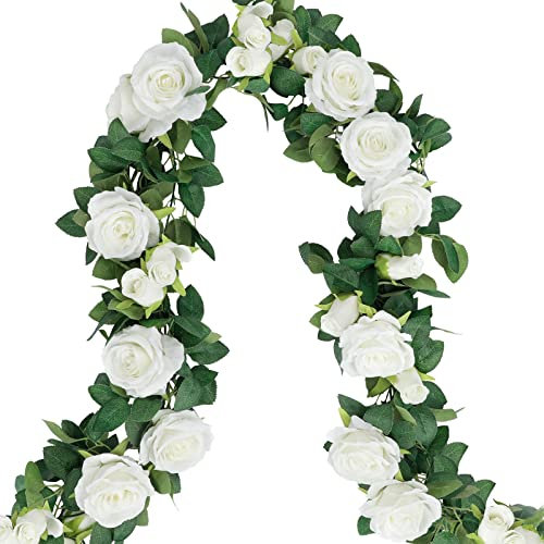 COCOBOO 8 m Lange weiße Rosengirlande, künstliche Blumenranken, künstliche Seidenrosen, weiße Rosengirlande, hängende Blumengirlande für Hochzeitsbogen Zeremonie Zuhause Garten Outdoor
