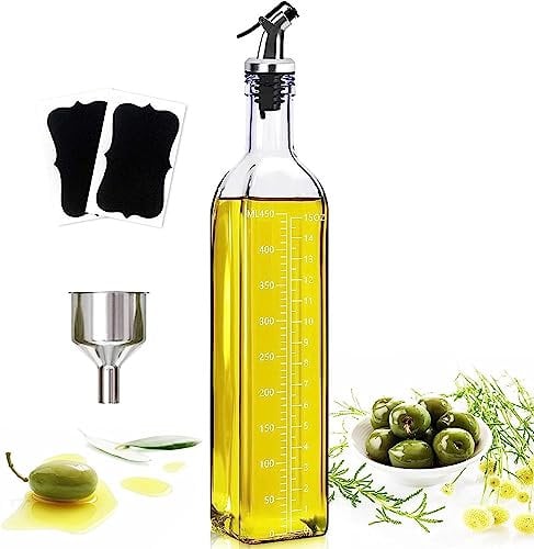 Showvigor Oliera Bottiglie Vetro, 500ML Olio Aceto Dispenser Bottiglie con Imbuto e Dosatore ed Etichette, Oliera Salvagoccia Bottiglie con Scala Trasparente, Bottiglia di Vetro per Cucina e BBQ