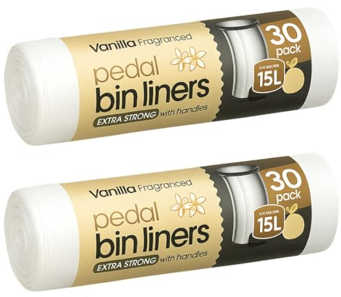 60 Extra Strong, Vanilla Scented Bin Liners 15L | Fragranced Pedal Bin Bags Vanilla bags 2 Rolls of 30 bags | 15L Bin Bags Scented | Pedal Bin Liners for Kitchen & Bathroom