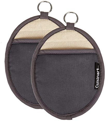 Cuisinart Silicone Oval Pot Holders and Oven Mitts - Heat Resistant, Handle Hot Oven/Cooking Items Safely - Soft Insulated Pockets, Non-Slip Grip and Convenient Hanging Loop - Grey, 2pk