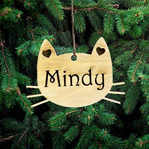 Pet-Jos Personalised Cat Christmas Decoration, Custom Cat's Name, Wooden Tree Christmas Ornament, Engraved Pet Name Christmas Bauble Gift Card Insert for Family and Friends