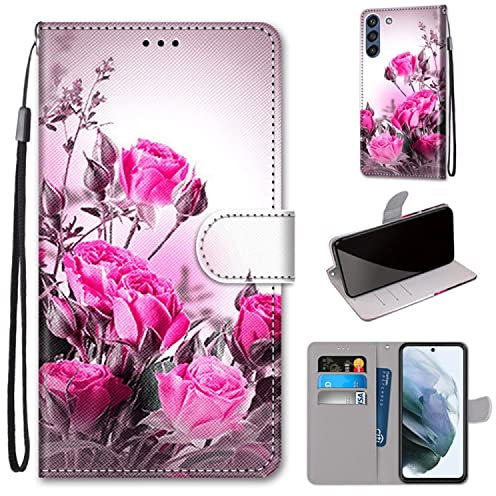 König Design Handyhülle kompatibel mit Samsung Galaxy S21 FE Schutztasche Wallet Cover 360 Case Etuis Wildrose