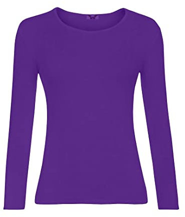 KATSSI Women’s Ladies Long Sleeve Stretch Plain Round Scoop Neck T Shirt Top SM Purple
