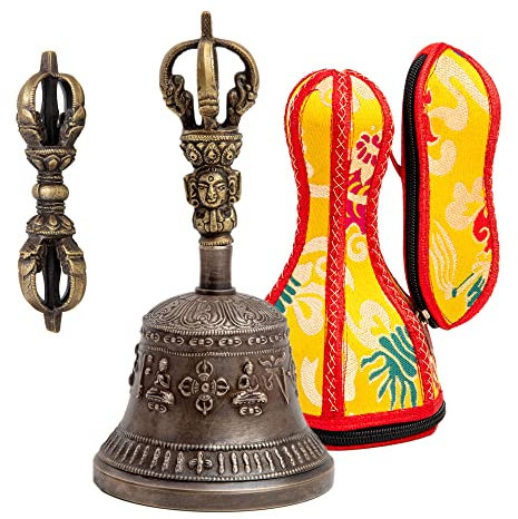 Große tibetische, buddhistische Meditation Alter Gebet singende Glocke und Dorje Set aus bronzefarbenem Metall, 18 cm x 9 cm – Himalaya-Basar