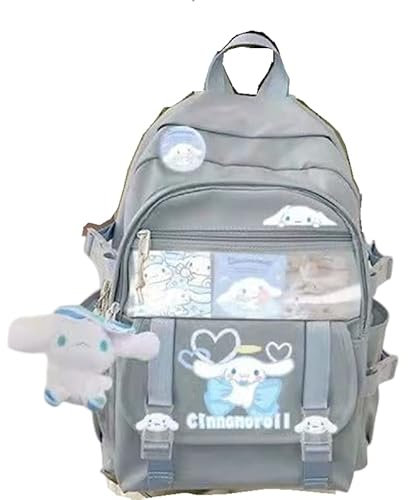 XYAM Ku-romi Rucksack Schultasche mit Seitenpokect groß geeignet für Teenager Jungen Mädchen Wandern Camping Picknick, Weiß, Puppe, Karte, Abzeichen, L