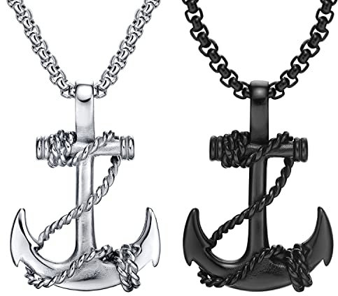JKJF 2 Stück Anker Anhänger Kette Halskette Edelstahl Anker Nautisch Anhänger Kette Vintage Marine Piratenkette Gotik Hip Hop Punk Rock Halskette für Herren und Jungen - Silber Schwarz