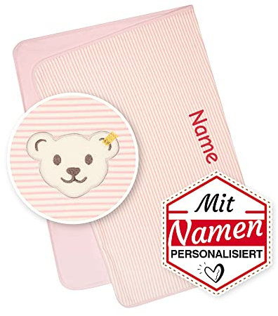 Steiff Babydecke mit Namen personalisiert/Bestickt, Individuelle Kuscheldecke/Krabbeldecke, Personalisierte Baby Decke mit Name (Rosa gestreift, Nicky)