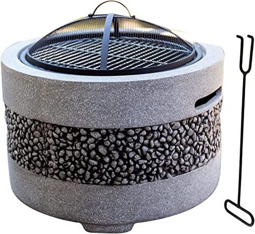 LEAYAN Garten-Feuerstelle, Grillschale, Grillgestell, Feuerstelle, Outdoor-Feuerstelle, Schale und BBQ-Grill, rund, Einfassung aus MgO-Kunststein für Terrassendielen, Lavasteine, groß, 3 in 1