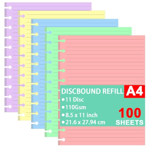 Nachfüllpapier in Briefgröße, A4, lose Blätter, für TUL Custom Notizsystem, Discbound Notizbuch, Planer, Einlagen, 5 Farben (20 Blatt/C), insgesamt 100 Blatt/200 Seiten, College liniert, 21,6 x 27,9