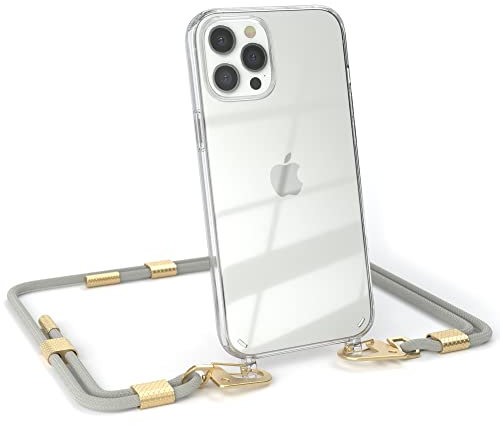 EAZY CASE - kombinierbare Handyketten kompatibel mit iPhone 12 Pro Max, Transparente Silikon-Hülle mit stylischen rundem Umhängeband, abnehmbar durch Karabiner, Gurt zum wechseln, Taupe - Clips Gold