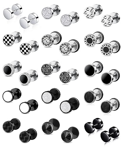 Ofeiyaa 15 Pairs Fake Gauge Earrings Stainless Steel CZ Barbell Cartilage Stud Earrings Set Plug Earrings Faux Gauges Ear Tunnel for Men Women Black Silver Plated 8mm