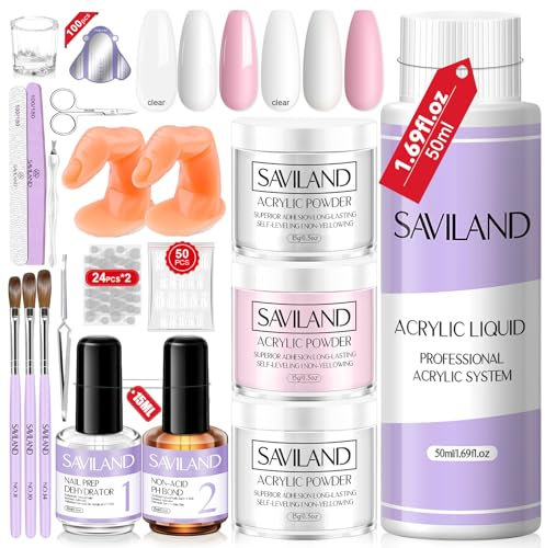 SAVILAND Acrylic Nail Kit with Everything: Clear White Pink Acrylic Powder and Liquid Set with Nail Dehydrator and Primer for Beginners DIY Nail Extension Manicure