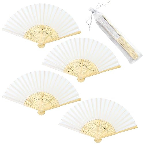 4Stück Silk Handfächer Weiß DIY Stoff fächer Hochzeit Holzfächer Faltbar Handfächer aus Stoff mit Tasche Hochzeitsfächer Folding Fan für Wand Dekoration Abkühlung Geburtstag Abiturball Party Geschenke