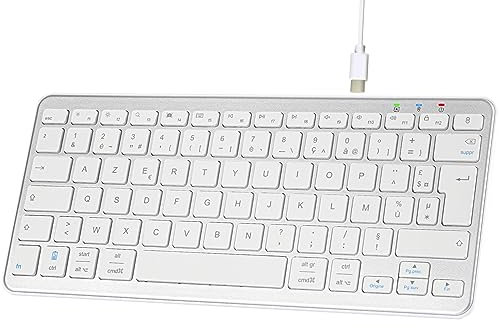 Qulose Clavier sans Fil Bluetooth, Mini Clavier AZERTY Français, Clavier Léger Silencieux, Rechargeable USB C, 12 Raccourcis Multimédias, pour Mac, iPad, iPhone, Android, Windows-Silver
