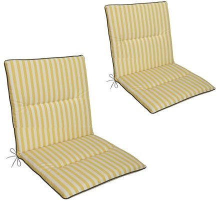 LILENO HOME Gartenstuhl Auflagen als [2er Set - Niedriglehner] in Streifen Gelb + Keder Grau - Bequeme Liegen als Sitzauflagen für Gartenmöbel - Stuhlkissen für Gartenstühle MAD
