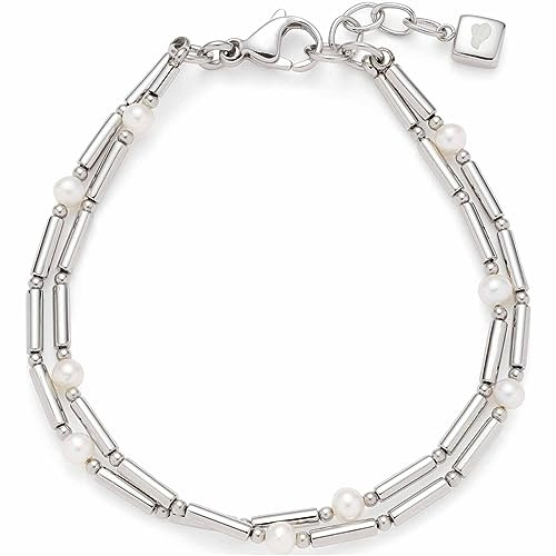 JEWELS BY LEONARDO Armband Mirella • doppelreihige Arm-Kette aus silberfarbenem Edelstahl • Süßwasserperlen und Edelstahl-Stäbchen im Wechsel • Länge 18,5-20,5 cm • Schmuck Geschenk Damen • 023337