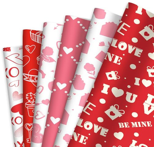 100 Blatt Geschenkpapier Valentinstag, 45x35cm Valentinstag Musterpapiere Verschiedene Muster Dünnes Papier Valentinstag Dekoratives Papier für Jahrestag Hochzeit Handgefertigt (6 Designs)