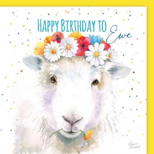 Geburtstagskarte mit Schaf-Motiv Happy Birthday to Ewe, lustiges Schaf in floralem Kopfschmuck, hochwertige Geburtstagskarte – Grußkarte für sie