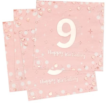 Rosa Servietten für 9. Geburtstag, 30 Stück 3-Lagig Happy Birthday Tischdekoration, Milestone Papierservietten für Jungen Mädchen Feiern Party Jubiläum