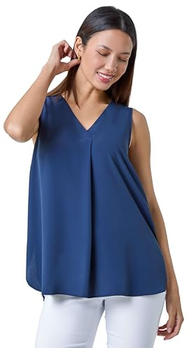 Roman Originals Women Pleated Vest Tank Top Ladies Sleeveless Blouse Shirt Tunic Summer Autumn Holiday V-Neck Work Office Cocktail Party Special Occassion Going Out - Plain Navy - Size 10