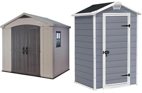 Keter Factor 8 x 6 ft Outdoor Storage Shed, Beige/Brown & Manor Outdoor Garden Storage Shed, Grey, 4 x 3 ft
