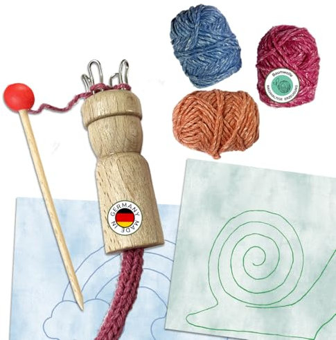 mikiprojekt® Bastelset Kinder-Strickliesel, klein für schnellen Erfolg, made in Germany, nachhaltiges Komplettset mit Strickliesel, Strickstab, 30m Garn, Einfädelhilfe, plastikfrei, von 5 bis 99 Jahre