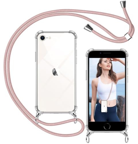 ISOI-Coque avec Cordon Compatible avec iPhone 7/8/iPhone SE 2020/2022,Collier Réglable Téléphone Portable Lanyard Case,Ètuis à Bandoulière Transparente en Silicone TPU Souple avec Airbag Antichoc-Rose