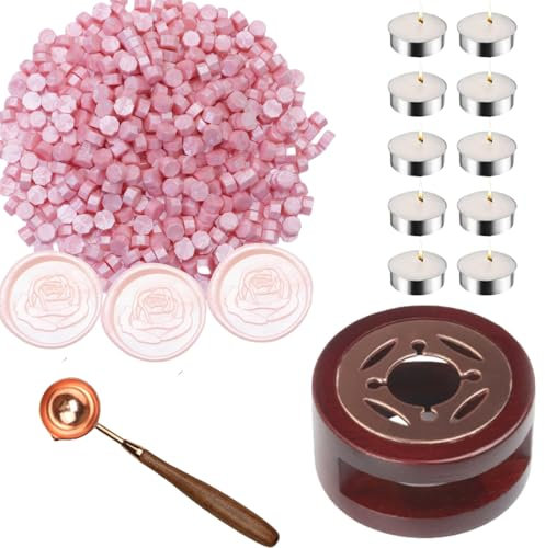 Wax Sealing Beads, Atopbb 300pcs Pearl pink Wax Seal Beads, 1pcs Wooden WaxSeal Warmer, 1pcs Melted Spoon and 10pcs Tea Candles for WaxSealing Stamp Kit (Pearl pink)