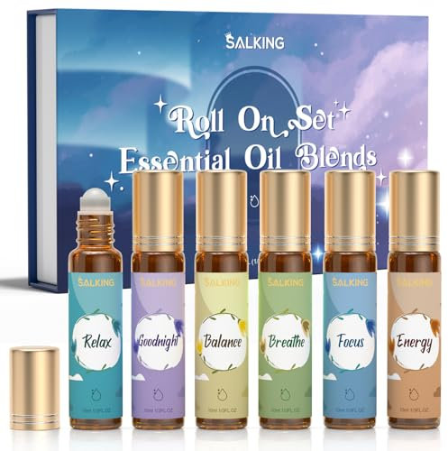 SALKING Aufrollen Ätherische Öle Set, Aromatherapie Roll On Duftöl GeschenkSet, Duftöle für Diffuser Luftbefeuchter,6x10 ml Entspannen, Gute Nacht, Ausgeglichenheit, Atmen, Fokus, Energie