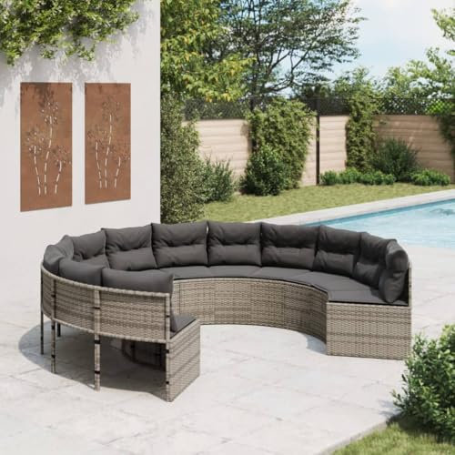 Tidyard Gartensofa mit Kissen Rund Grau Poly Rattan