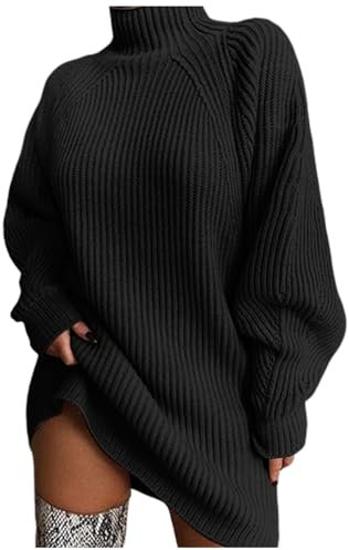 Women's Turtleneck Jumper Dress Casual Long Sleeve Ribbed Knitted Bodycon Mini Sweater Dresses Autumn Winter Oversized Cable Knit Jumper Dress Pullover Tops Slim Fit Knitwear (1-Black, L)