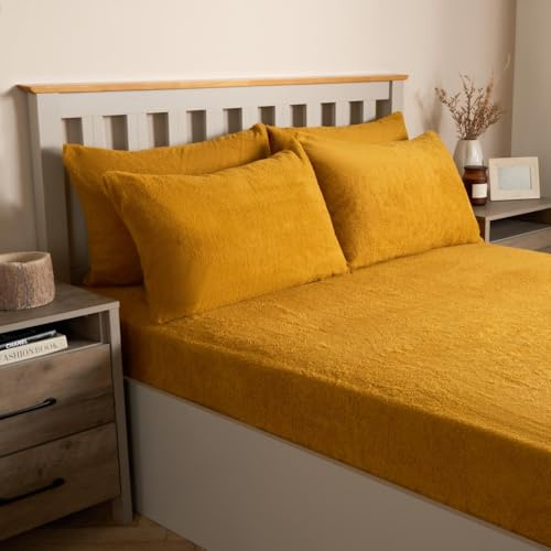 OHS Teddy Bear Pillowcases 4 Pack, Luxury Fluffy Pillow Covers, Warm Cosy Soft Teddy Fleece Hotel Quality Thermal Pillowcases, Ochre Yellow
