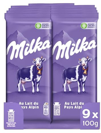 MILKA - 9 Tablettes de Chocolat au Lait Milka 100g - Chocolat au Tendre Lait du Pays Alpin - Lot de Tablettes de Chocolat au Lait - Lot de 9x100g