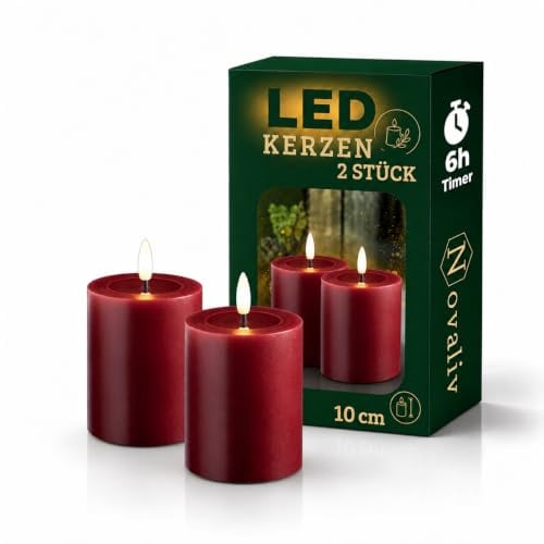 2er Set Stumpenkerzen LED rot klein - Echtwachskerze mit beweglicher Flamme flackernd mit Echtwachspiegel - Timerfunktion für 6 Stunden warmweißes Licht 7,5cm ø 10cm Höhe - 2 AA Batterien nötig