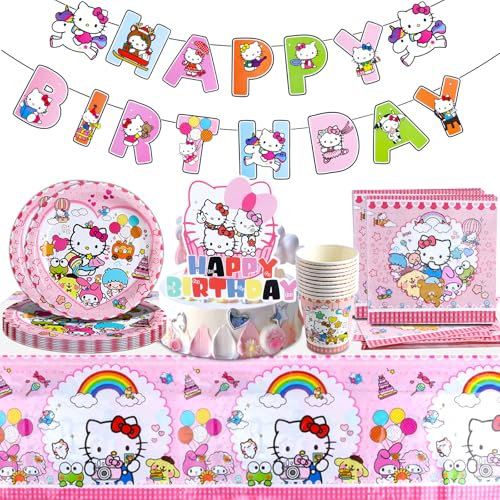 Kitty Partygeschirrt, Kitty Geburtstagsdeko, Kitty Geschirr deko ,Kitty Geburtstag Dekoration Geschirr Set, Party Zubehör Tischdecke Teller Becher Servietten