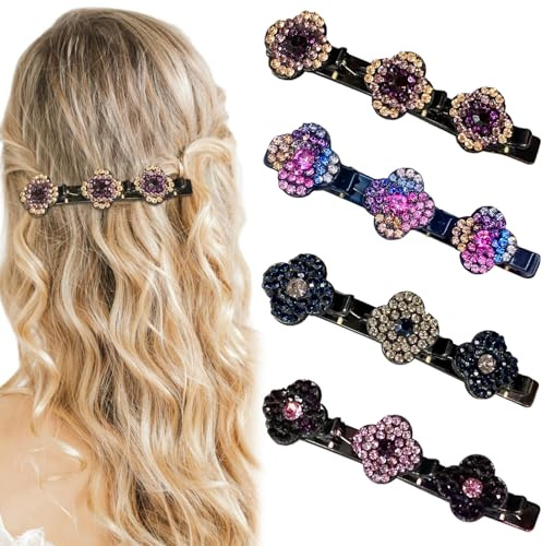 Geflochtene Haarspangen, glitzernde Kristallstein-Haarspangen, glänzende Strasssteine, Haarschmuck für Damen, Mädchen, Damen, 4 Stück (Gras)
