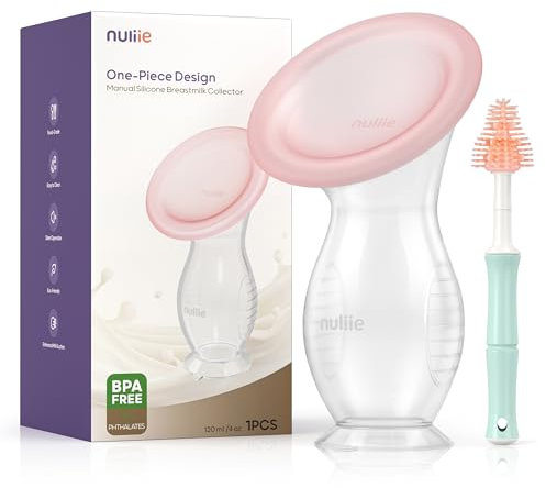 Nuliie Silicone Breast Milk Collectors with Leak-Proof Lid & Suction Cup, 4oz/120ml BPA-Free, Wearable Hand Pump Breastmilk, Manual Breast Pump for Breastfeeding Essentials, Includes Cleaning Brush