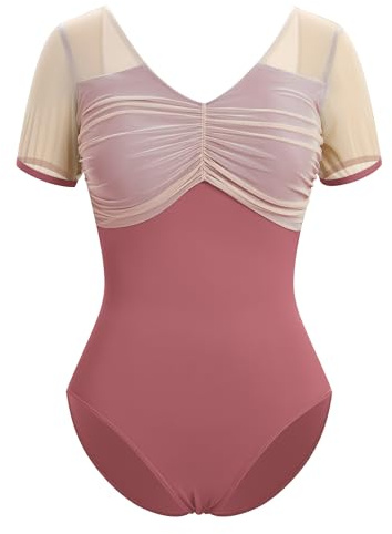 IWEMEK Ballett Trikot Damen Mesh Kurzarm Ballettanzug Gymnastik Ballettbody V-Ausschnitt Bodysuit Body Sport Gymnastik Turnanzug Top Kost�m Rosa L