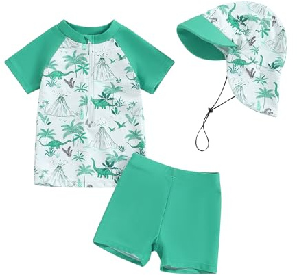 Maillot de Bain Bébé Garçon Anti UV T-Shirt Manches Courtes et Short de Bain Ensemble 3 Pièces Costume de Natation Piscine Plage (Vert Dinosaure Cocotier, 3-4 Years)