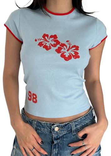 Y2k Graphic Baby Tees Women Teen Girl Casual Floral Print Short Sleeve Round Neck Slim Fit T Shirt Ladies Lightweight Summer