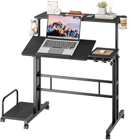 Dripex Stehpult Höhenverstellbar Sitz-Steh Schreibtisch mit Rollen, Mobiler Stehtisch mit neigbar Tischplatte, 80x60cm Laptoptisch Workstation für Zuhause und Büro, Schwarz