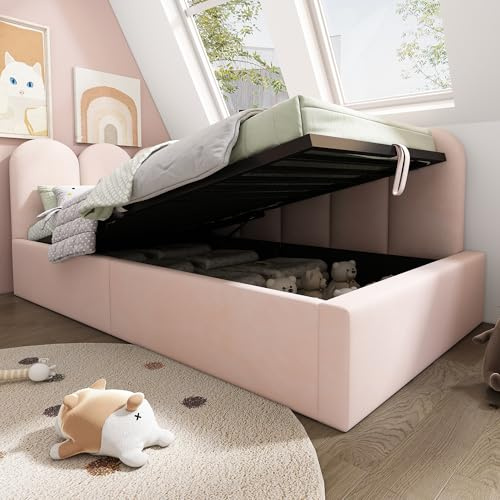 TIZZ Letto imbottito, 90 x 190 cm, divano letto con vano idraulico, lettino con rete a doghe in metallo, velluto, rosa, senza materasso