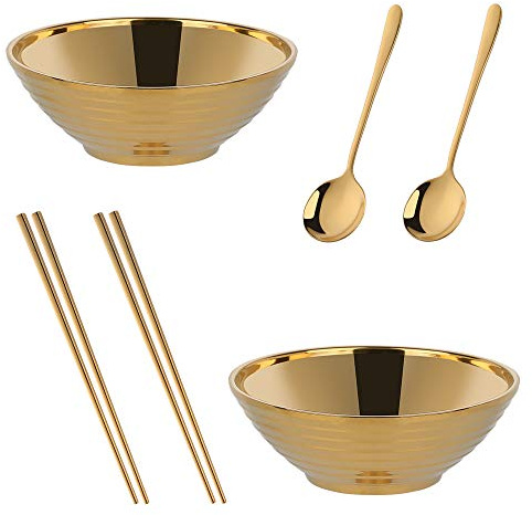 TEAHAHA 2 Sets (6 Stück) Edelstahl Ramen Schüssel Set, Ramen Bowl 600ml, Rutschfeste Suppe Schale mit Löffel und Essstäbchen, für Salat, Reis, Dessert, Pasta (Gold)
